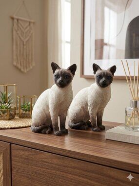 Pair Vintage Stone Critters Sitting Siamese Cat Figurines 1980s Set UDC USA